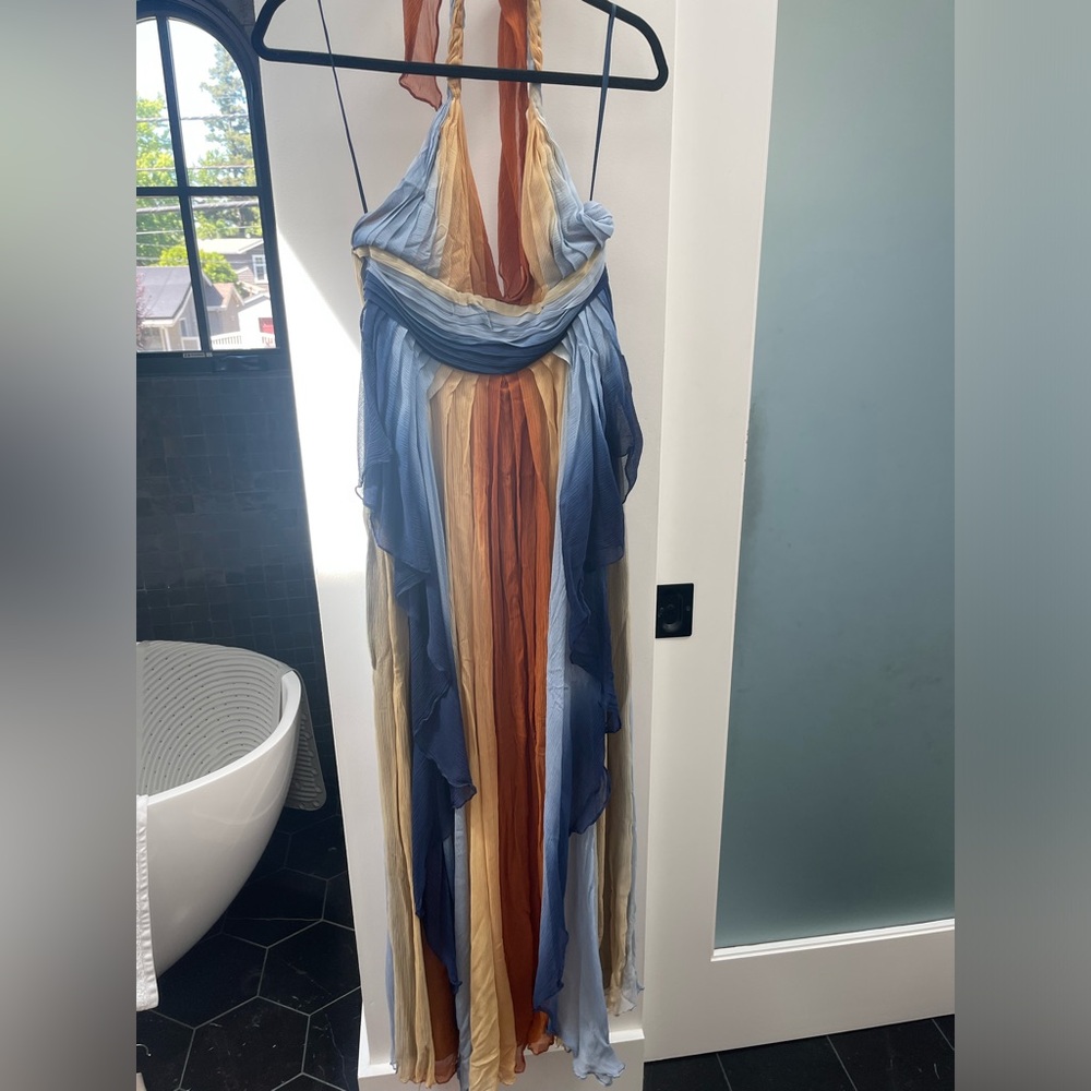 Calypso halter dress orange and blue